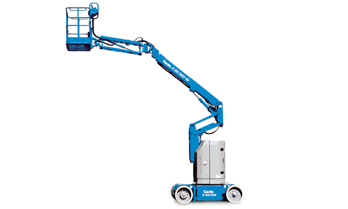A blue scissor lift on a white background.