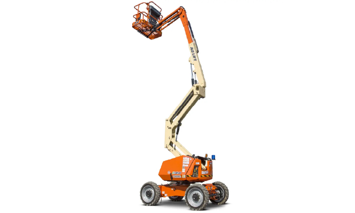 An orange scissor lift on a white background.