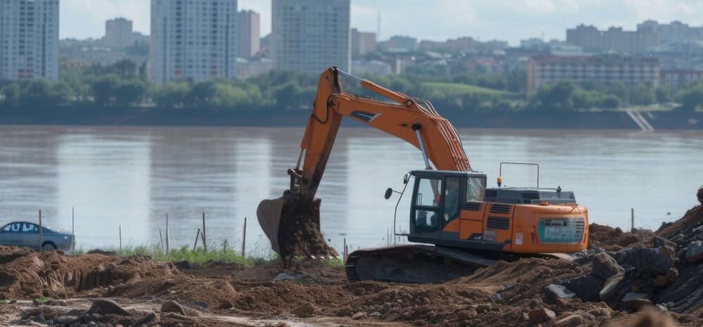 Excavator digging at a construction site in Fort Lauderdale, Florida
