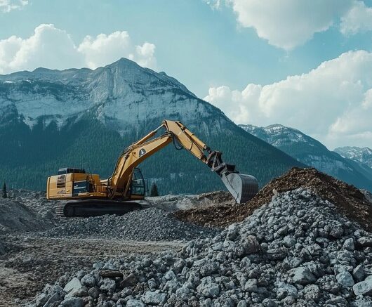 Excavator operating at a mountainous construction site in Banning, CA, performing earthmoving tasks with rocky terrain in the foreground.