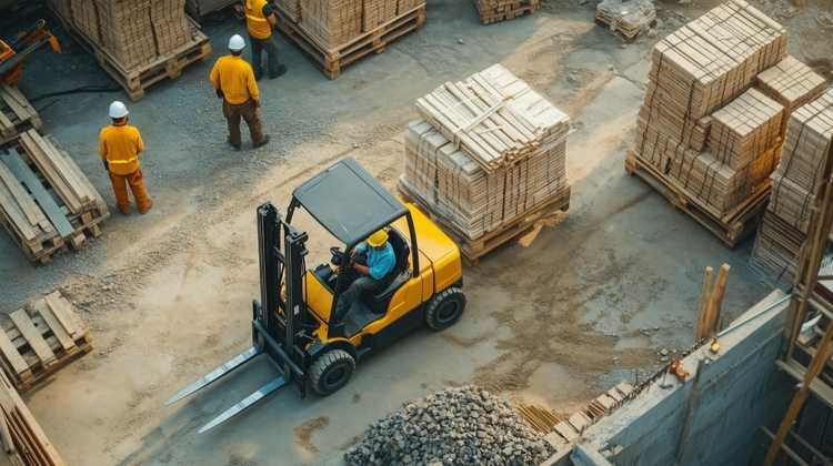 Forklift handling materials at an active Downey job site