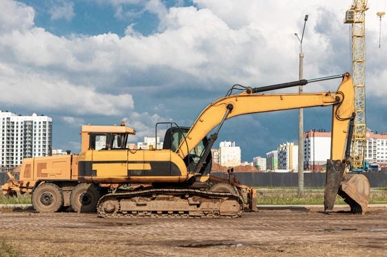 Heavy construction equipment supporting urban redevelopment project in Detroit, Michigan