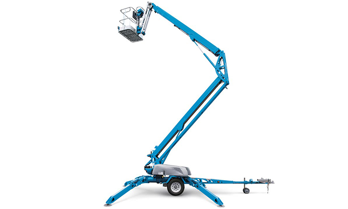 A blue scissor lift on a white background.