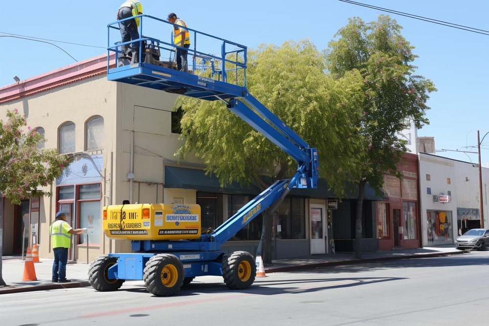 Articulating boom lift in use during exterior work in Auberry, California