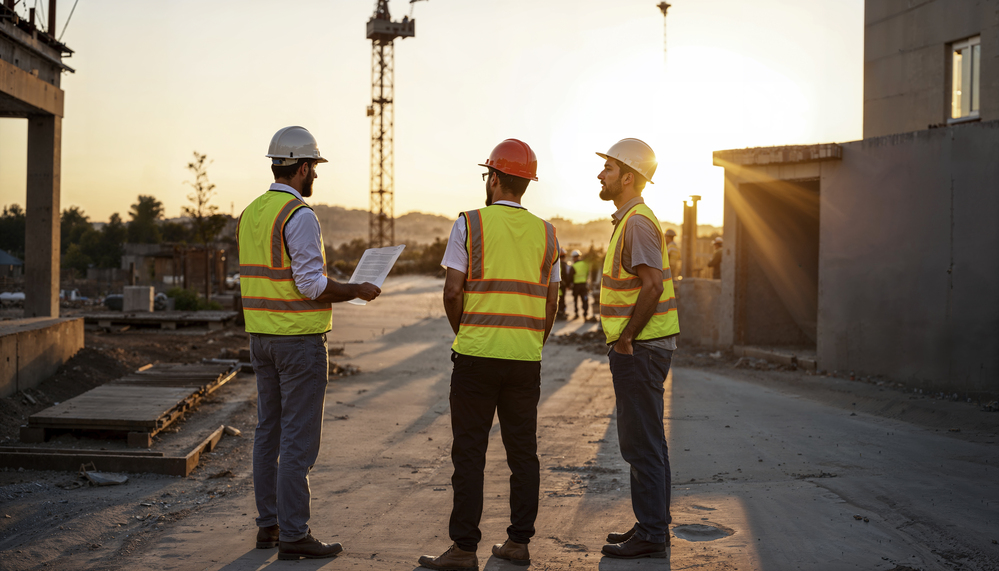 Construction managers reviewing site plans on a remote job site
